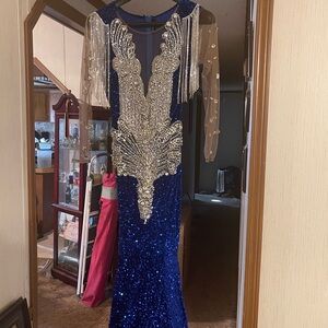 Royal Blue Sleeveless Gown with Gold Embellishments